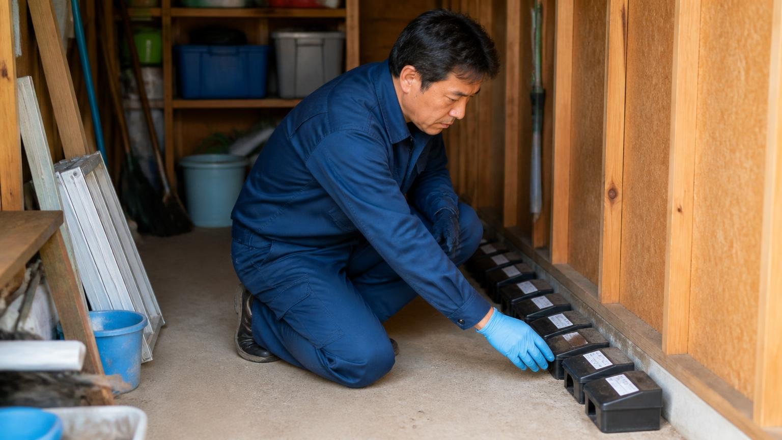 向いている人はまだ食べさせる余地が残っている家。木造戸建ての物置で男性が薬剤を壁沿いに置いている