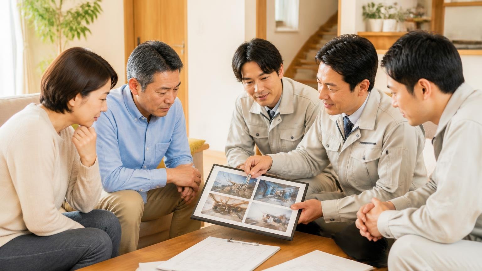 0円の現地調査という選択肢。木造戸建てのリビングで住人と作業員3人が写真を見ながら説明