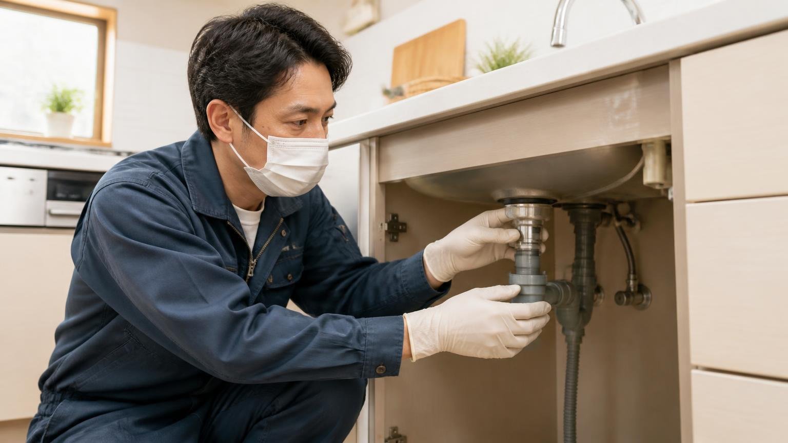 自力でやりきれる5つの条件、住宅の台所、手袋とマスクで作業する男性1人、落ち着いた表情