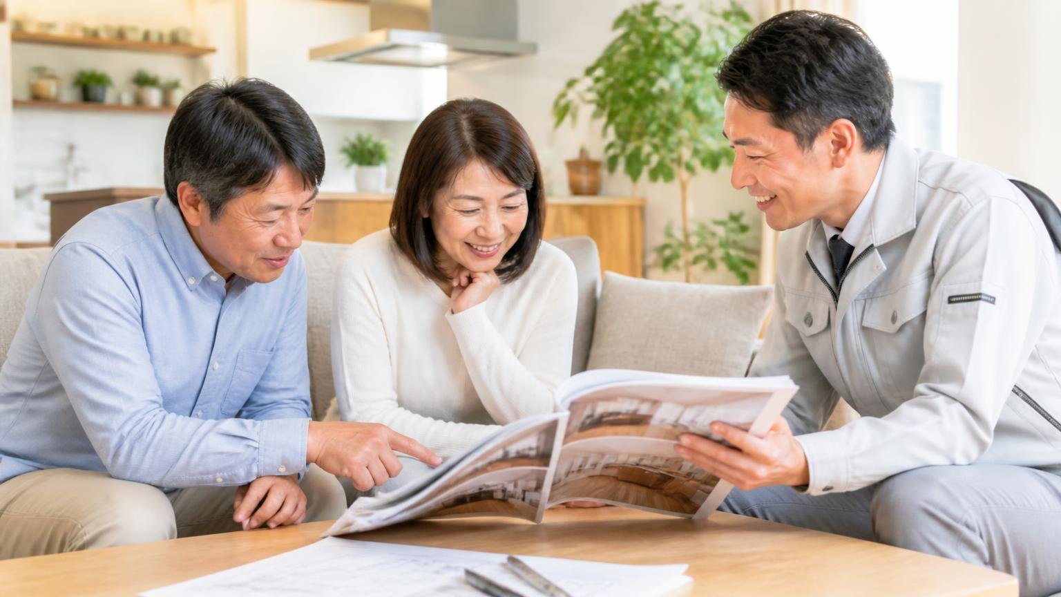 市販品と業者を同時に進める 戸建てのリビングで作業員と50代夫婦が写真を見ながら相談する