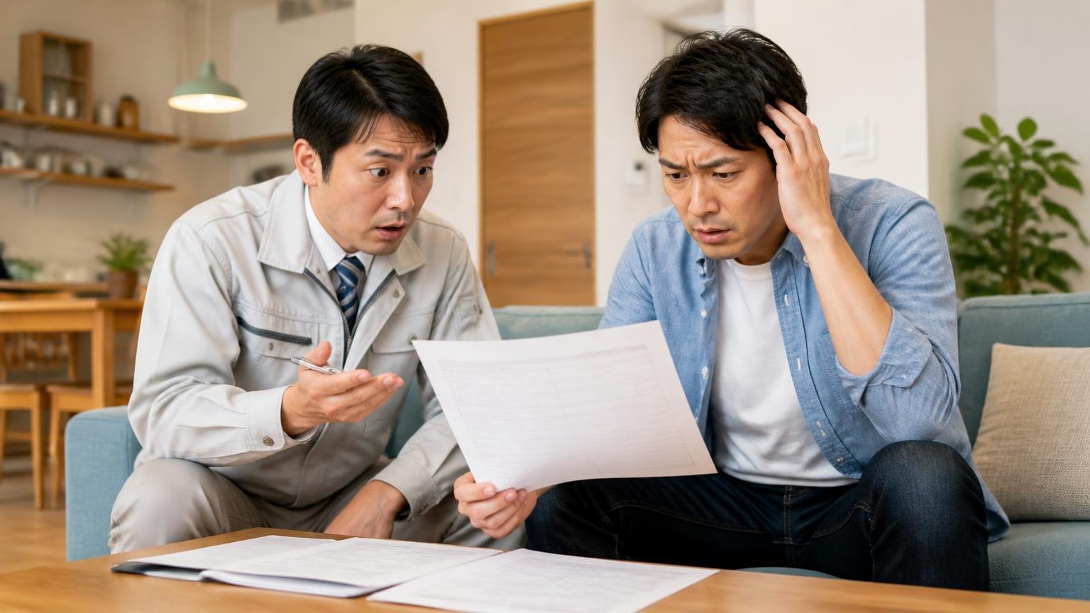 金額の幅が大きすぎて相場では判断できない。リビングで作業員と見積書を見ながら打ち合わせする2人が困惑した表情