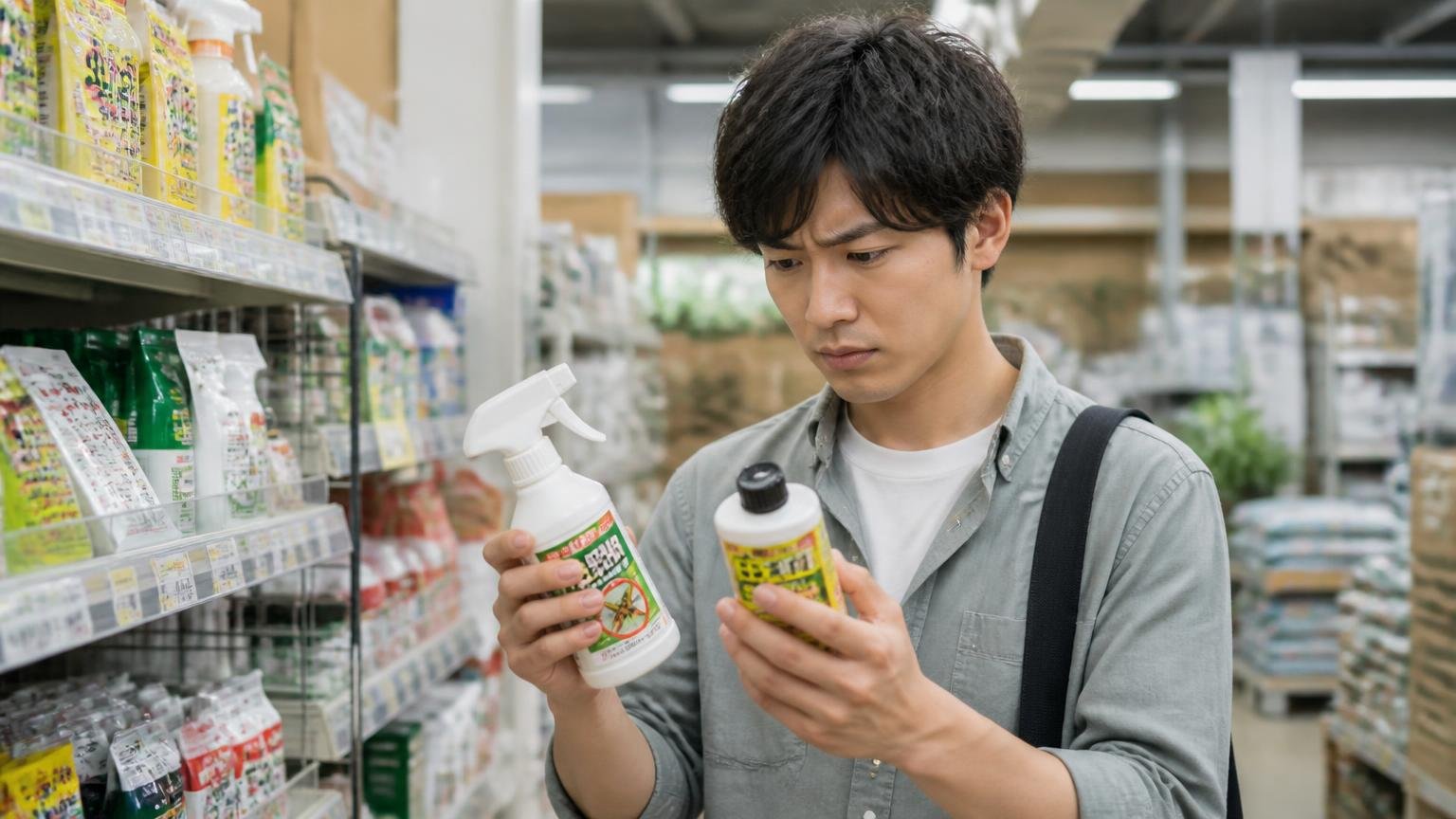 市販グッズの限界。ホームセンターの売り場で忌避剤を手に取る20代男性1人が迷った表情