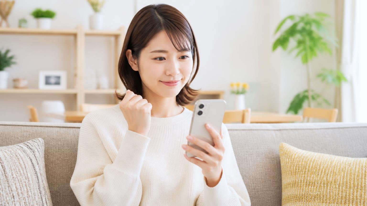 見積もりを取ることは契約ではない。自宅リビングで女性1人がスマホを手に少しほっとした表情