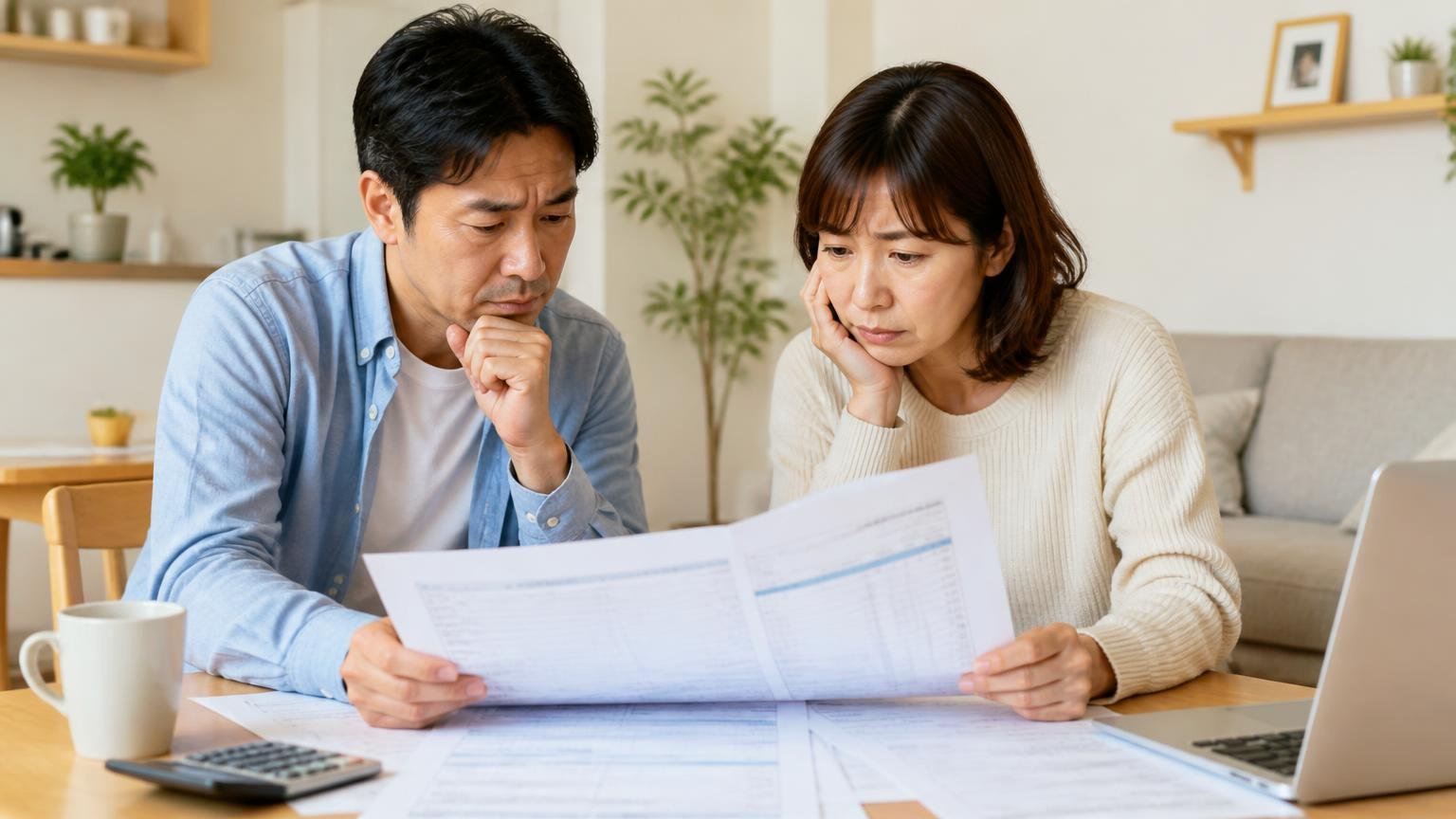 費用の目安と数字だけでは分からないこと|住宅のリビングで見積書を広げて読み込む夫婦2人