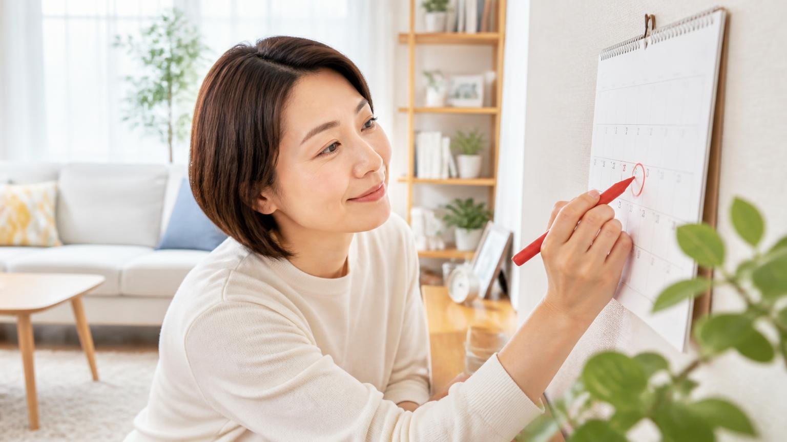 しばらく様子を見てもいいケース|リビングでカレンダーに印をつける女性1人が安心した表情