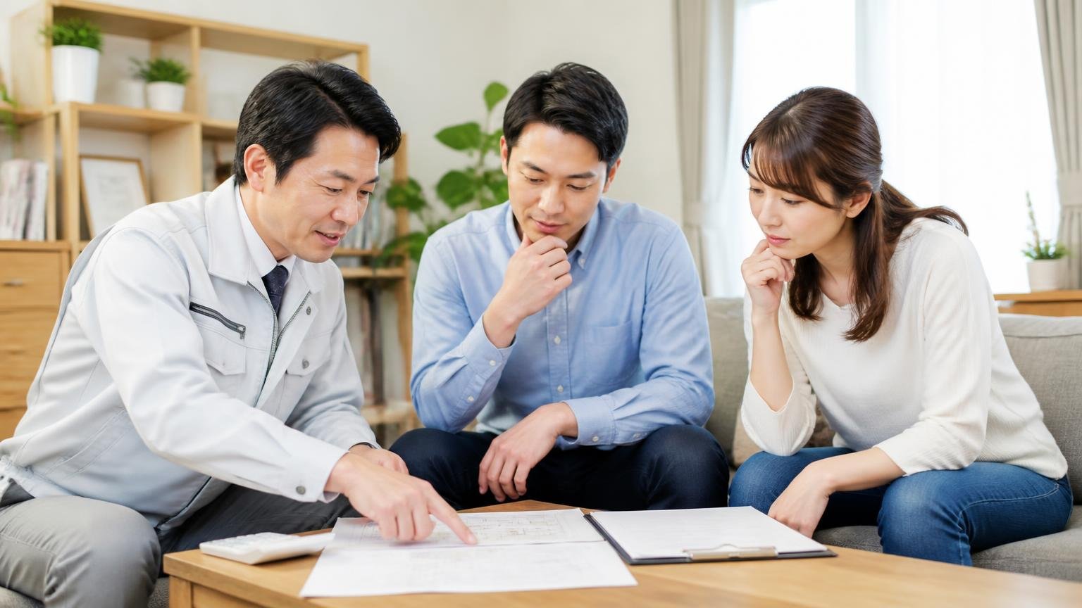 無料調査と相見積もり。リビングで作業員と書面を見比べて打ち合わせる3人