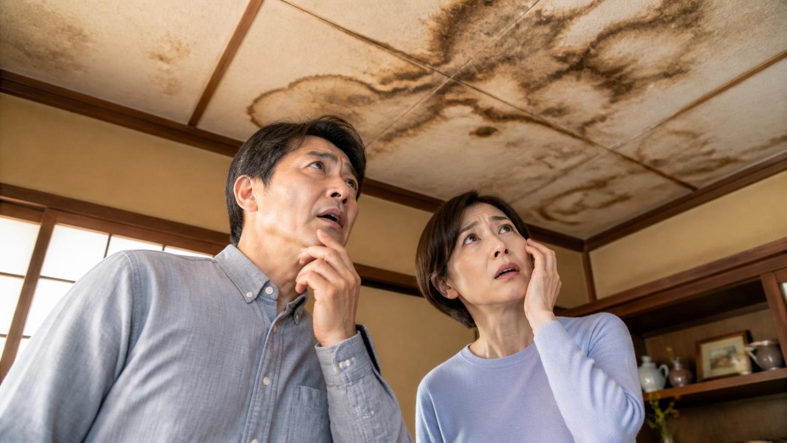 質問1と2:どのくらい続いていてどこまで広がっているか。古民家の天井のシミを見上げる夫婦2人が不安そうな表情