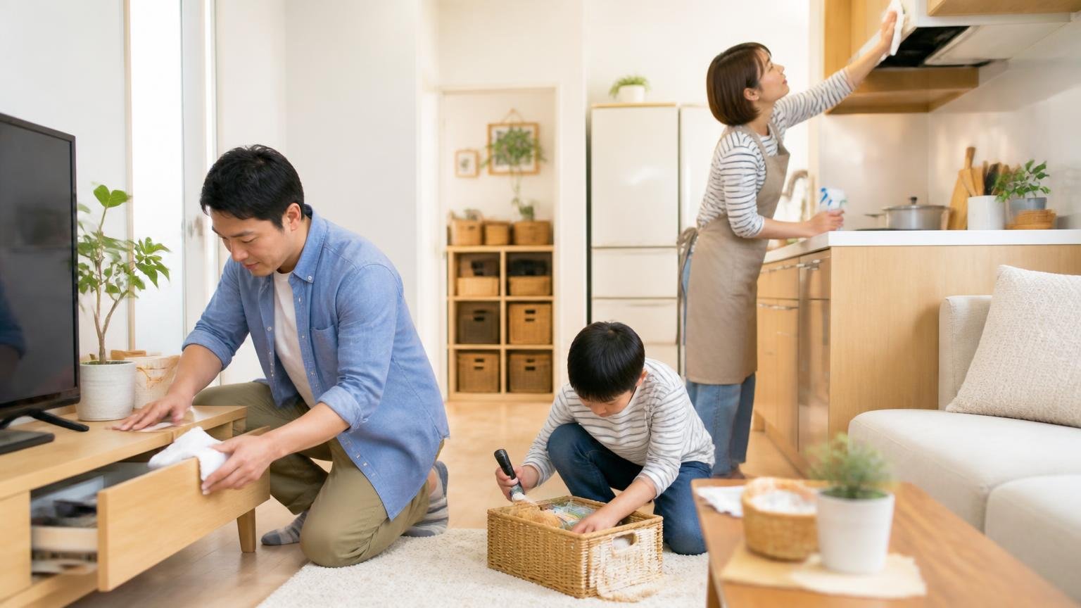 環境的防除の3本柱、住宅のリビングと台所で家族3人が片づけと点検を分担して手際よく動く