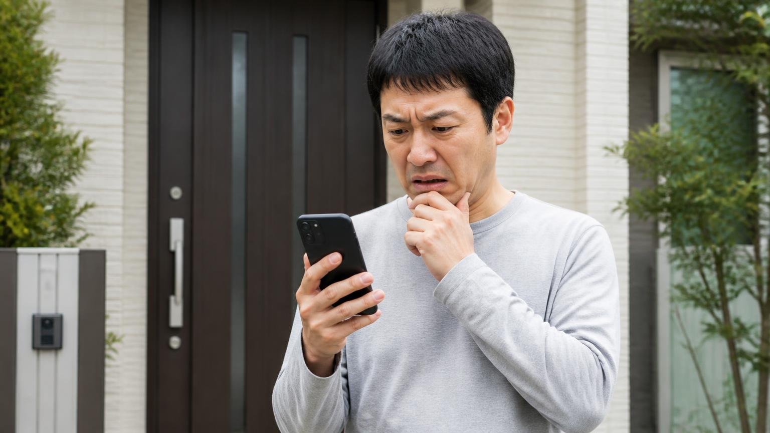 格安表示に飛びつくと何が起きるか 戸建ての玄関先 男性1人がスマホの広告を見て眉をひそめる