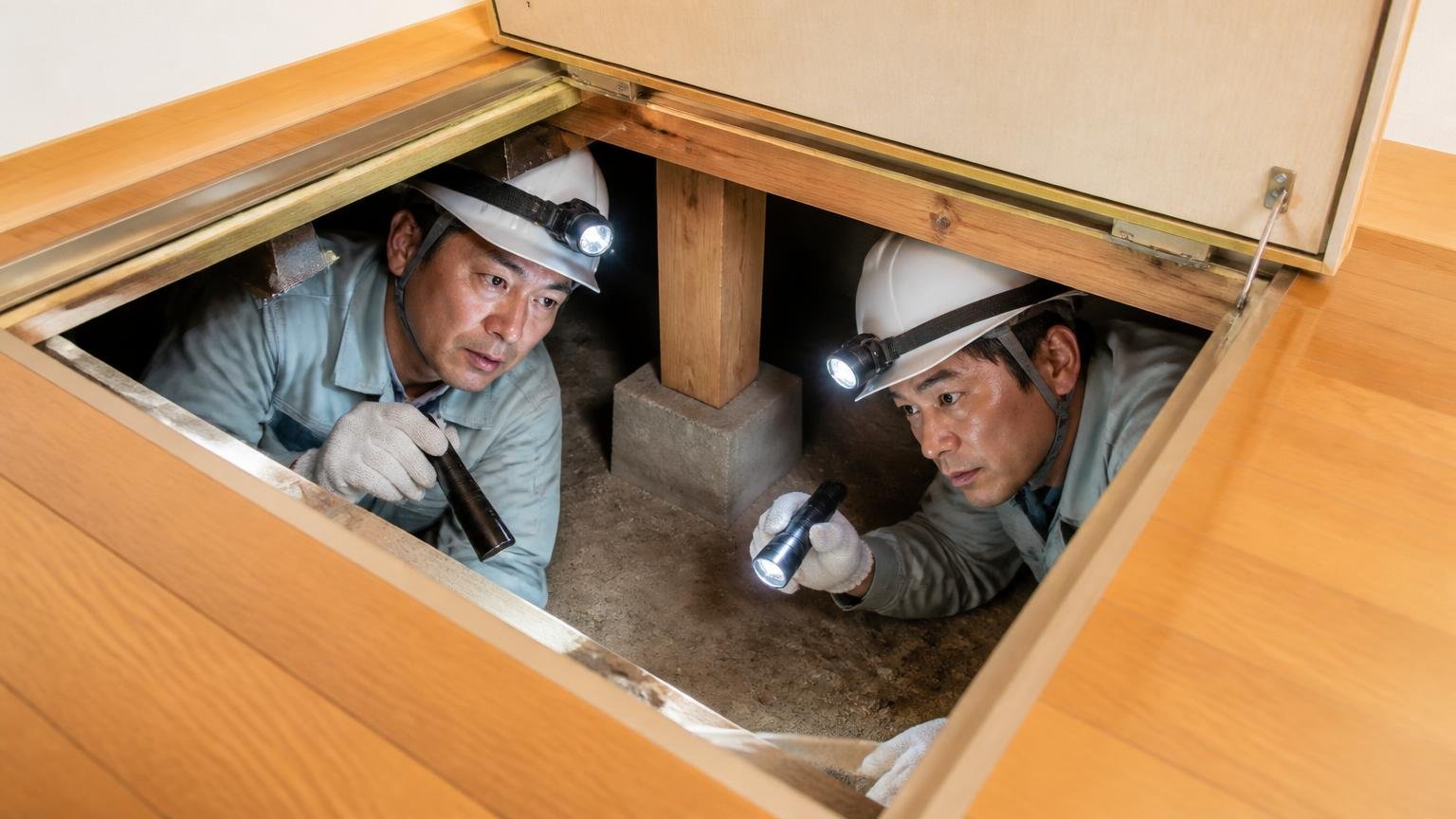 天井裏から床下の点検につながる。住宅の床下点検口で作業員2人がライトを当てて木部を確認する場面