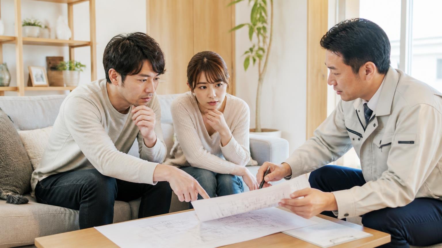 施工範囲の質問 リビングで作業員と打ち合わせする2人が見積書を指さして質問する