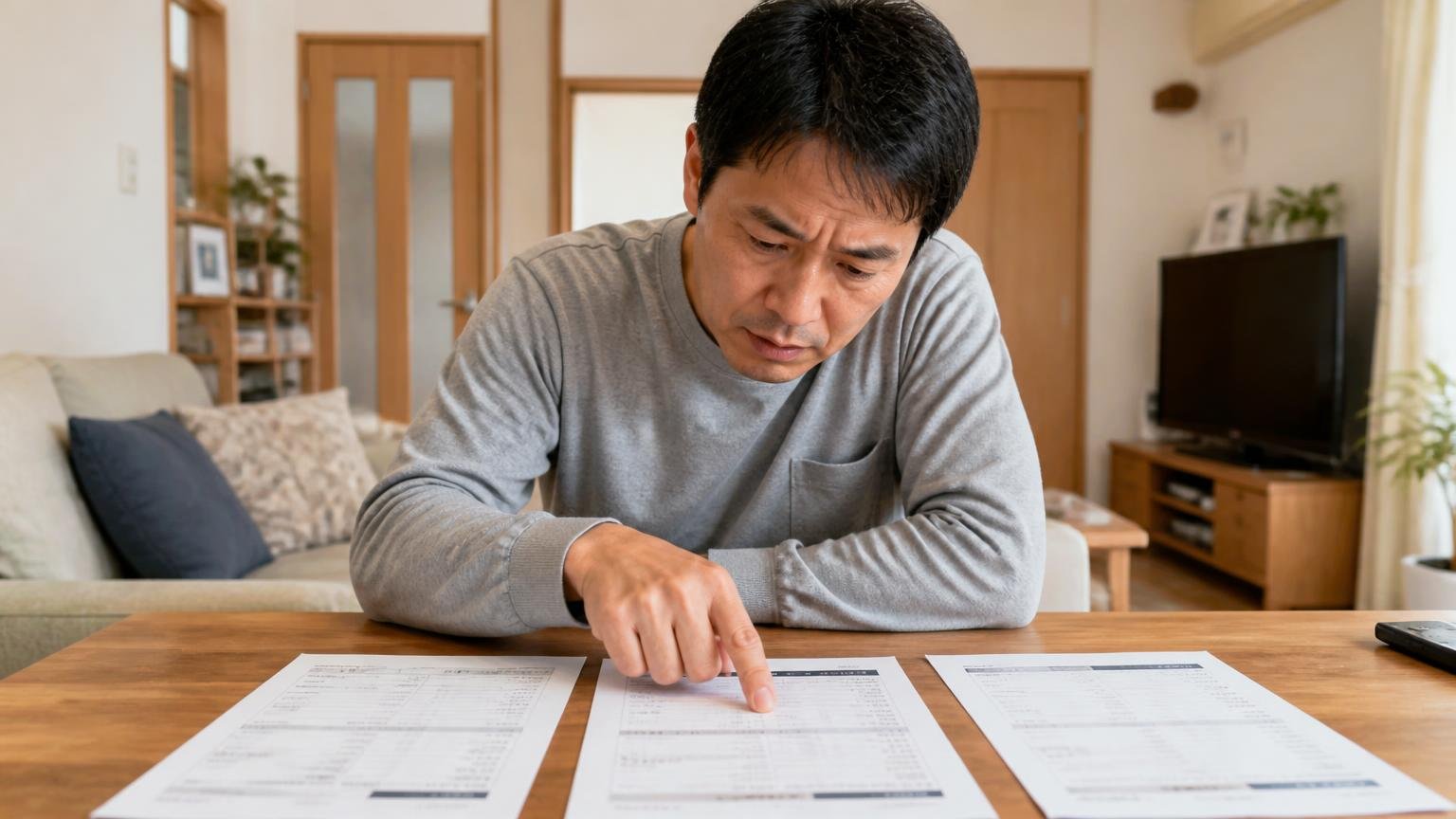 駆除と封鎖と清掃は別項目。木造戸建てのリビングで複数社の見積書を並べ、指でなぞって比べる40代男性1人