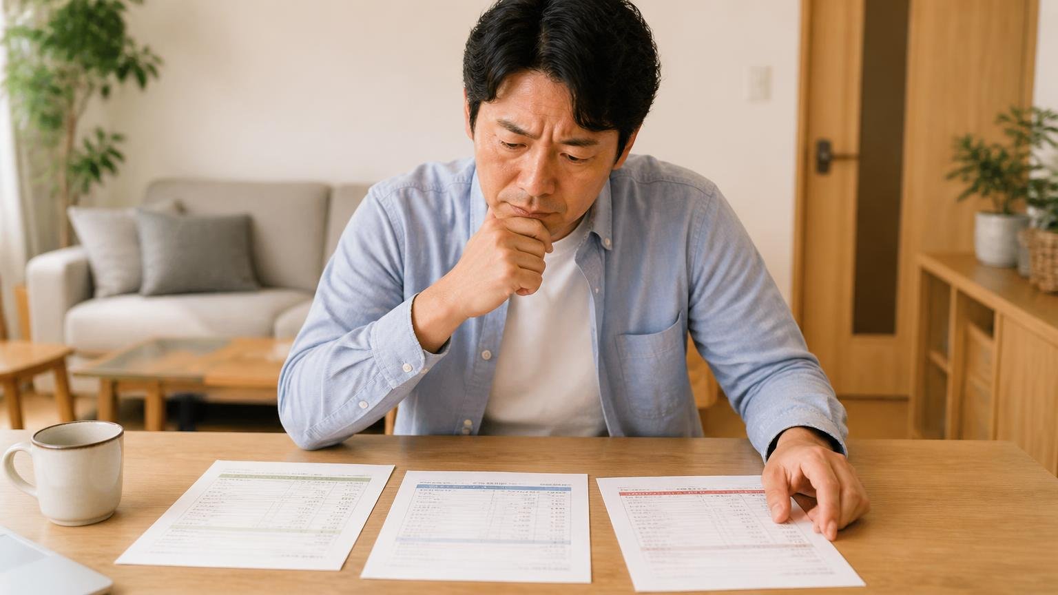 国民生活センターが示すトラブルを避ける4つの行動 木造戸建てのリビングで複数の見積書を並べる 40代男性1人 3枚の書類を見比べる
