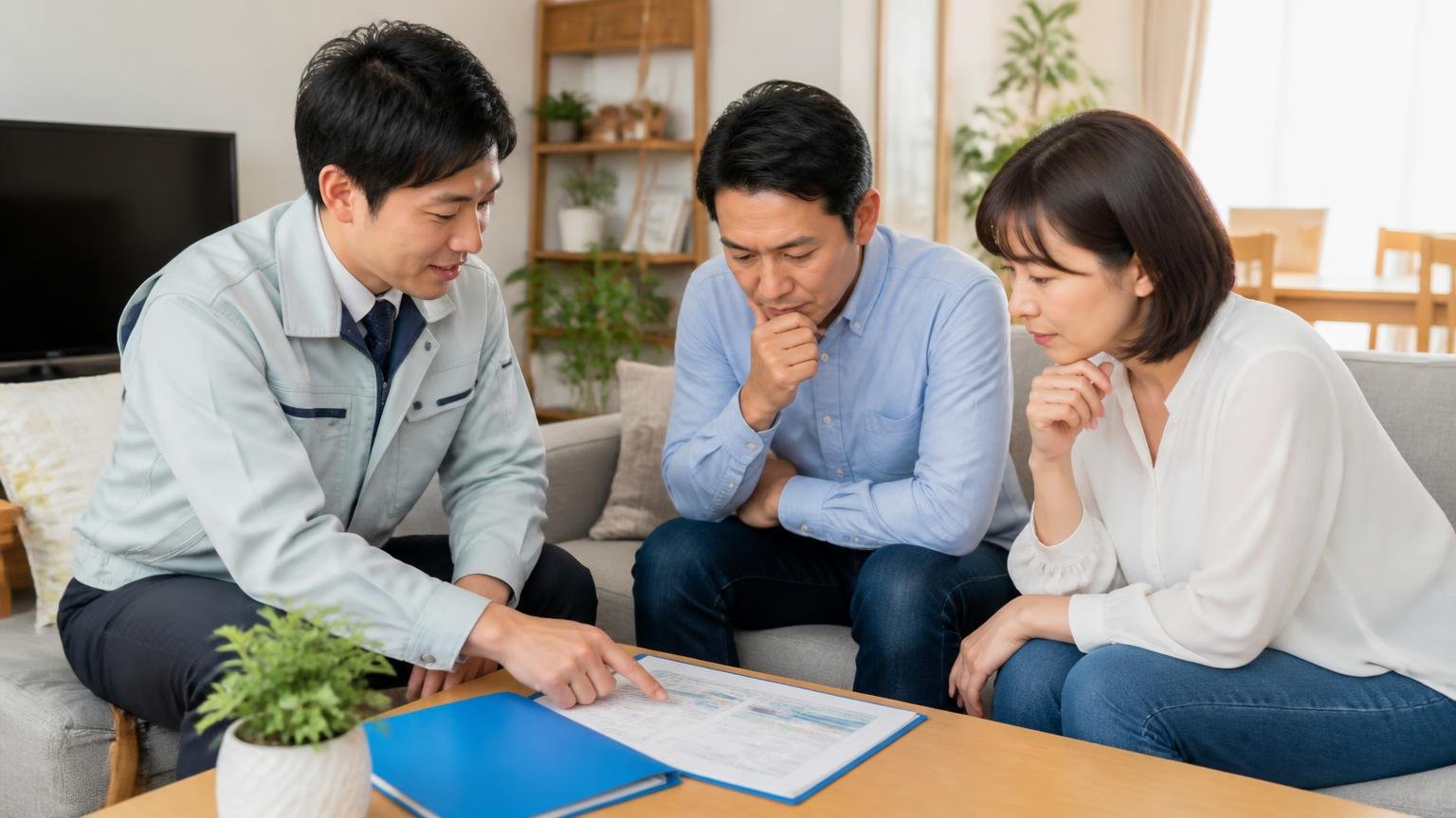業者に評価されているのは駆除ではなく再発対策 リビングで打ち合わせ 作業員1人と夫婦2人 書類を見る