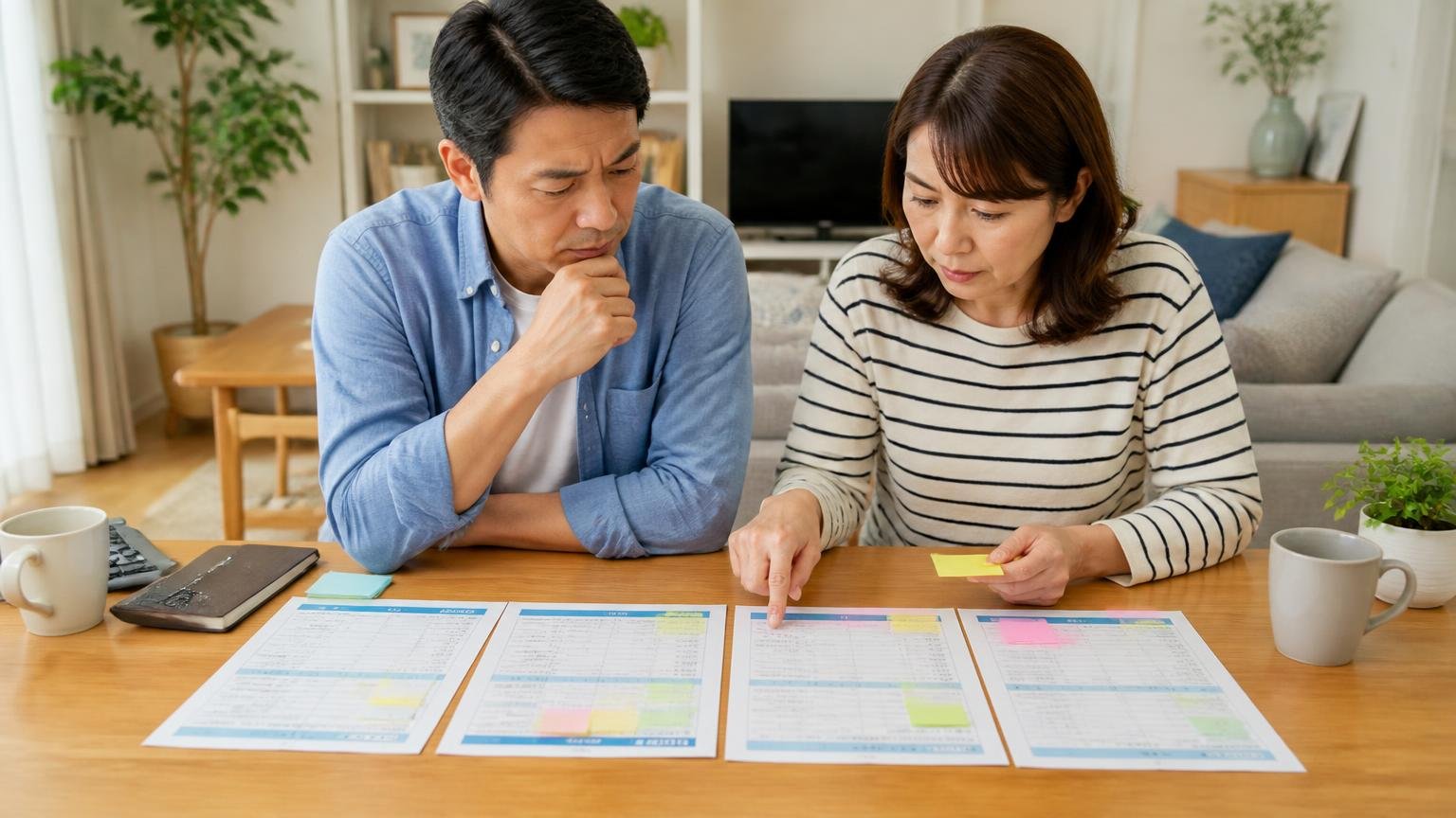 見積書の5項目をそろえて比べる。住宅のリビングで夫婦2人が見積書に付箋を貼り確認する
