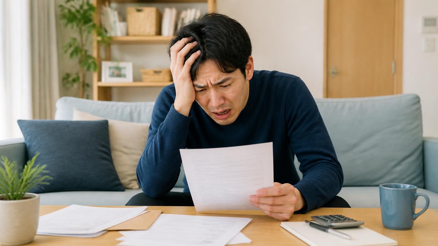 失敗した人が共通して確認していなかったこと|自宅リビングで男性1人が契約書を見て頭を抱える