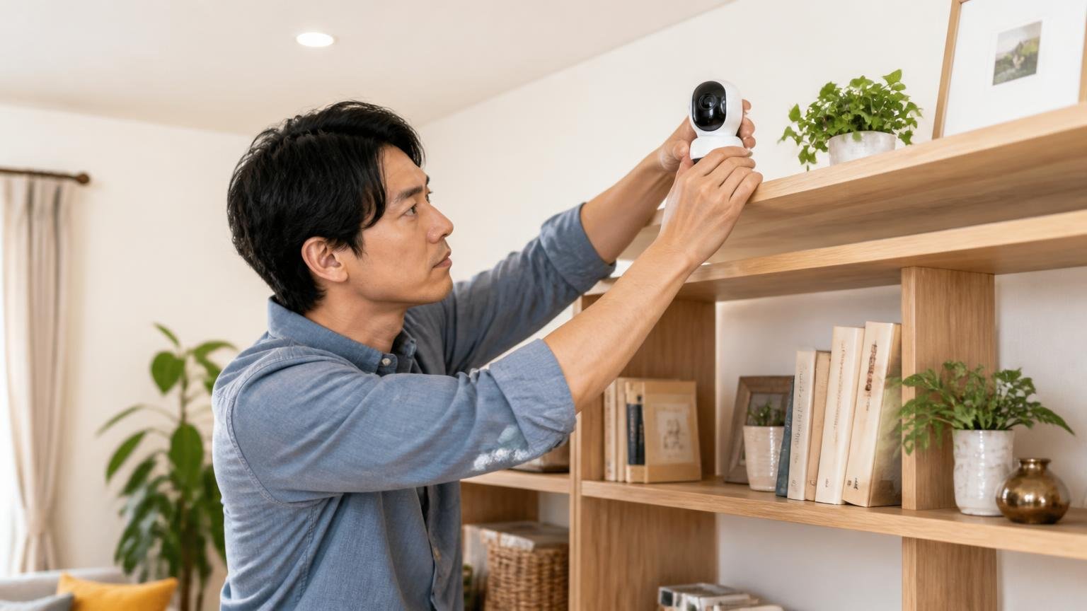 前面をふさがず高い位置に設置する。リビングの棚の上に機器を置き向きを調整する30代男性が集中する