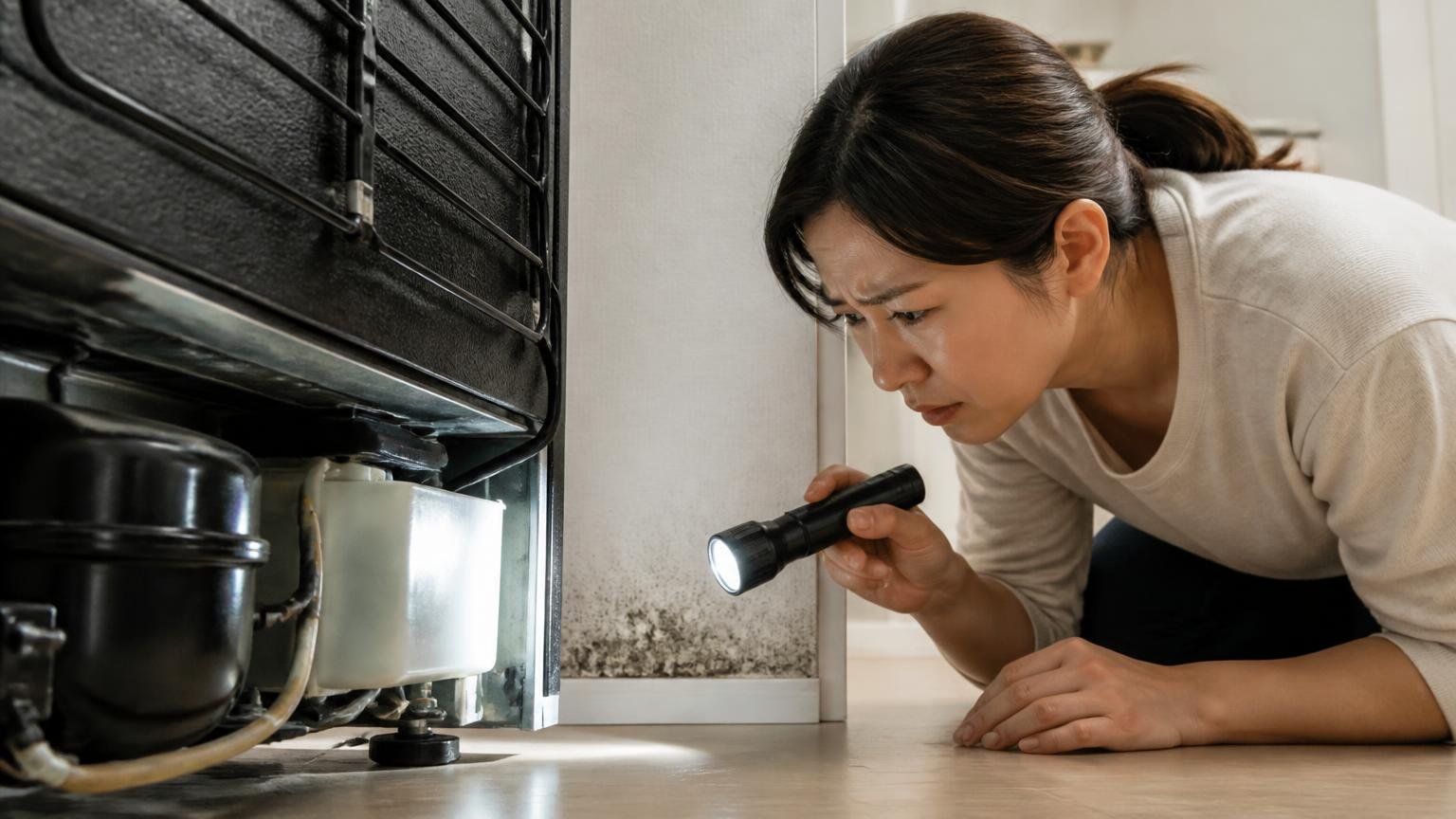 ネズミかどうかを見分ける手がかり 住宅の冷蔵庫の裏で懐中電灯を当て黒い汚れを確認する30代女性が眉をひそめる