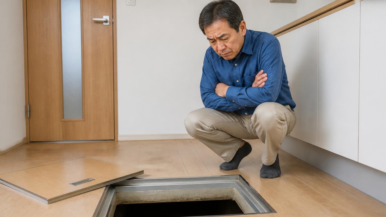 向いていない人|床下の点検口前で腕を組んで考え込む50代男性1人