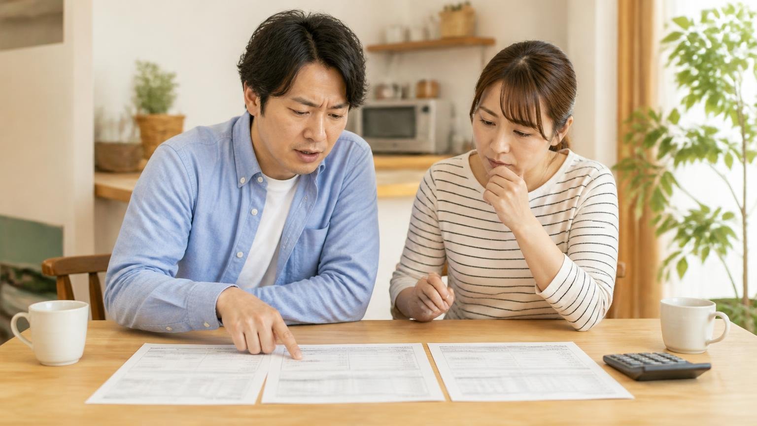 見積書で必ず確認したい4項目 住宅のダイニング 男女2人 複数の見積書を並べて指さす