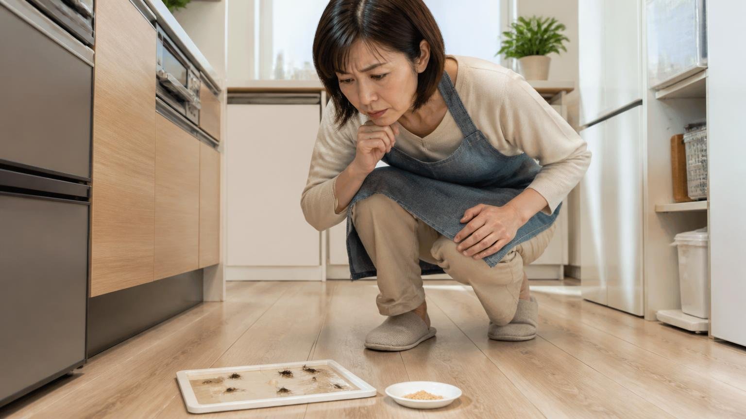 効果を自分で確かめる方法。住宅の台所の床に置いた餌と粘着シートを翌朝しゃがんで確認する40代女性