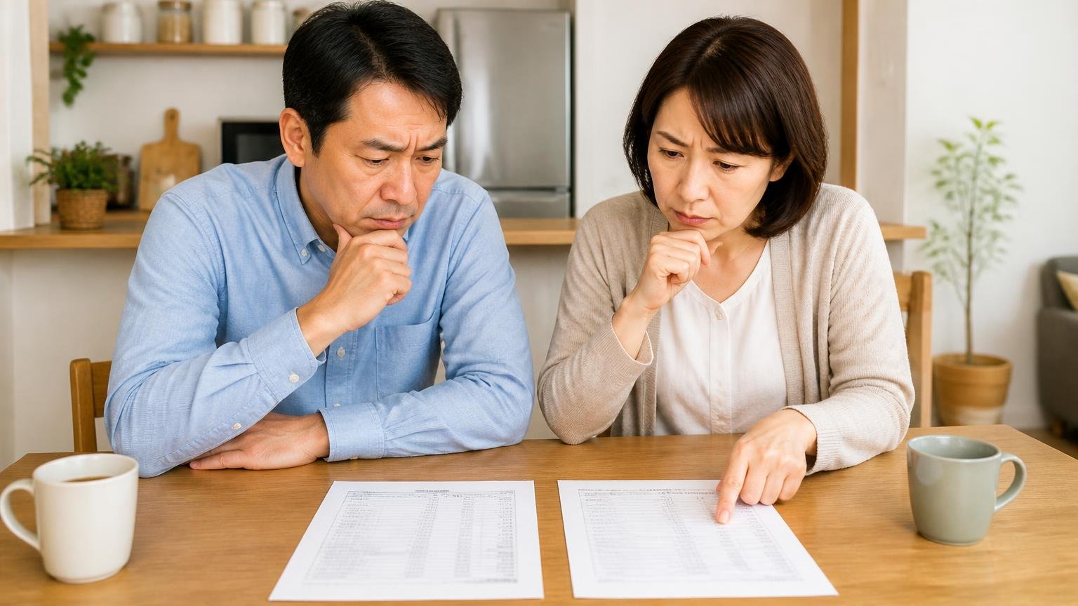 見積書は作業の中身で比べる。住宅のダイニングテーブルで見積書を2枚並べて見比べる夫婦2人が真剣
