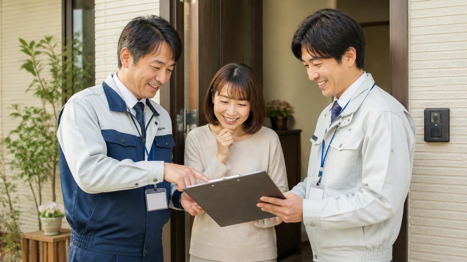 天井裏の物音に悩んだ人が最初に相談した無料窓口 玄関先で相談する住宅の入口で 住人と作業員2人が 笑顔で書類を確認