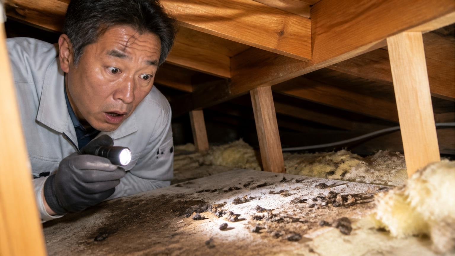 忌避剤だけでは足りない被害状況を見せる場面 木造戸建ての屋根裏でフンの跡を照らす 50代男性が言葉を失う