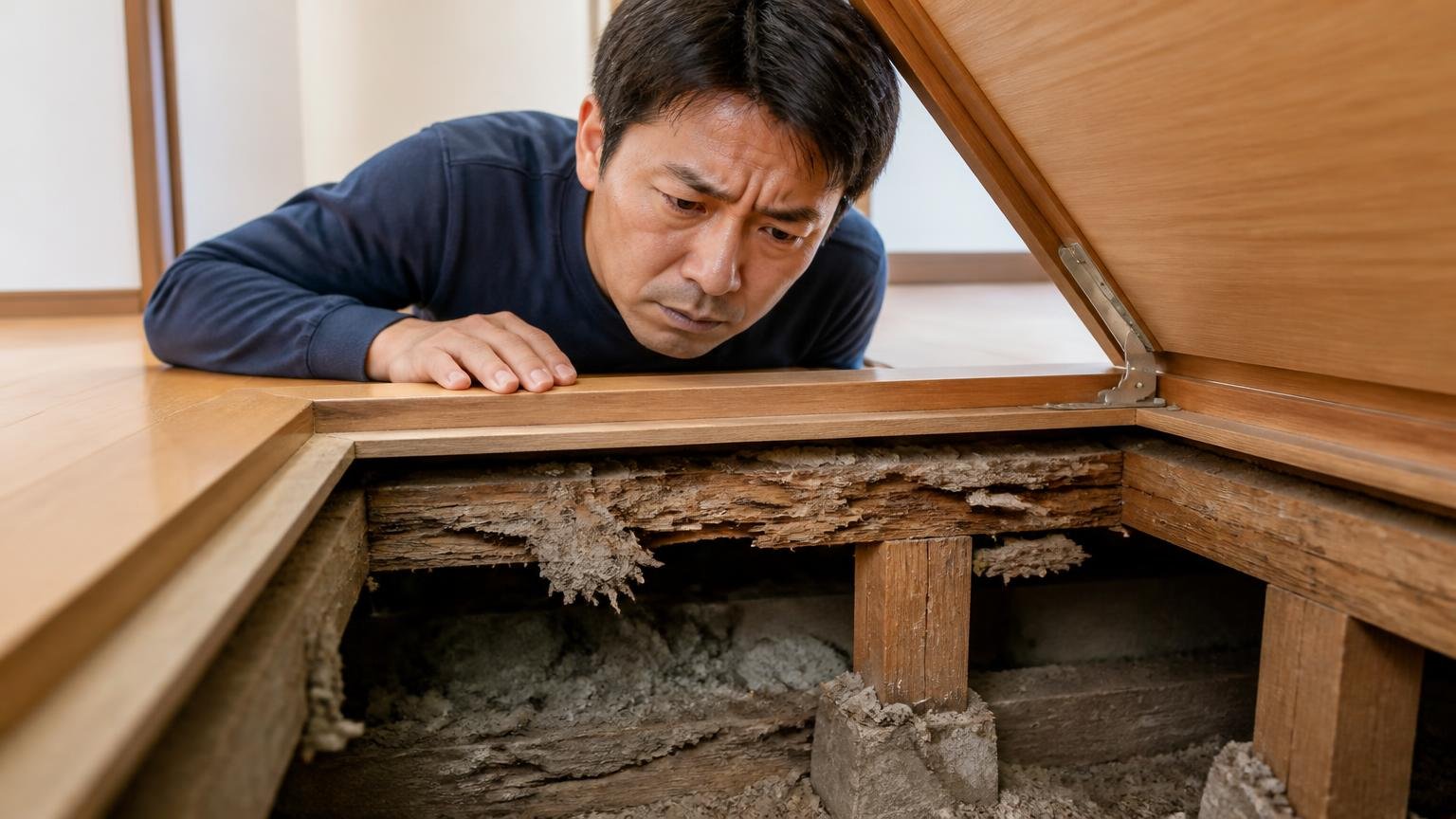 待っている間も被害が進むと理解する場面 木造戸建ての床下点検口をのぞく40代男性1人 真剣なまなざし