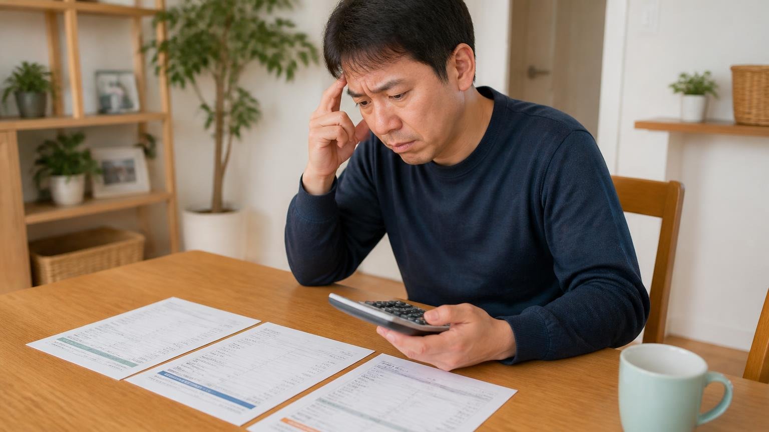 相見積もりを取ると何がわかるのか・自宅の食卓に複数社の見積書を並べる・住人1人・電卓を手に金額を見比べる