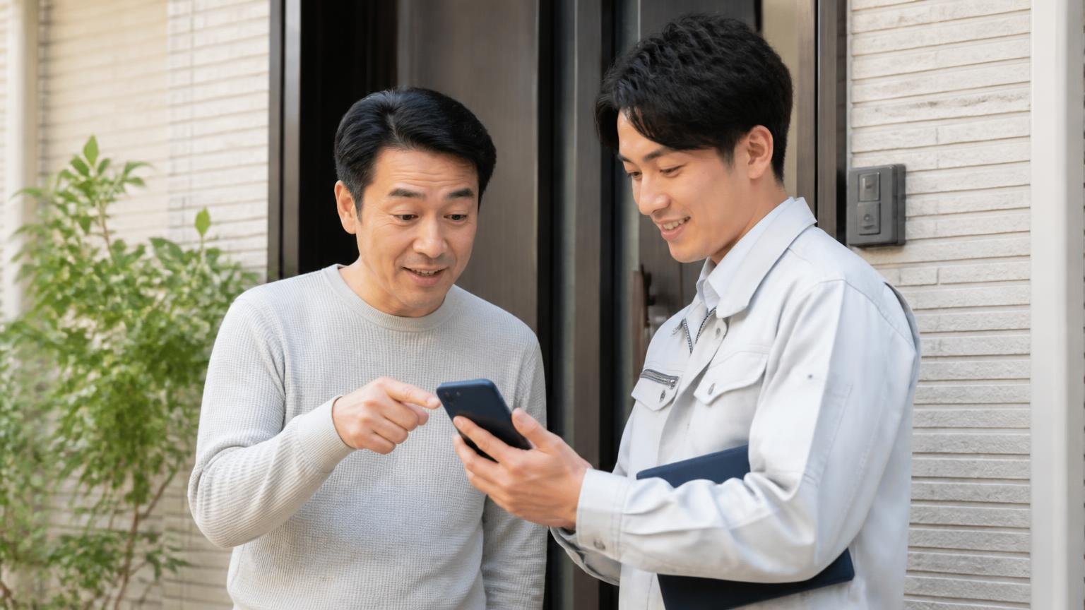 写真の依頼 自宅の玄関前で住人と作業員がスマホを見せ合いながら話す