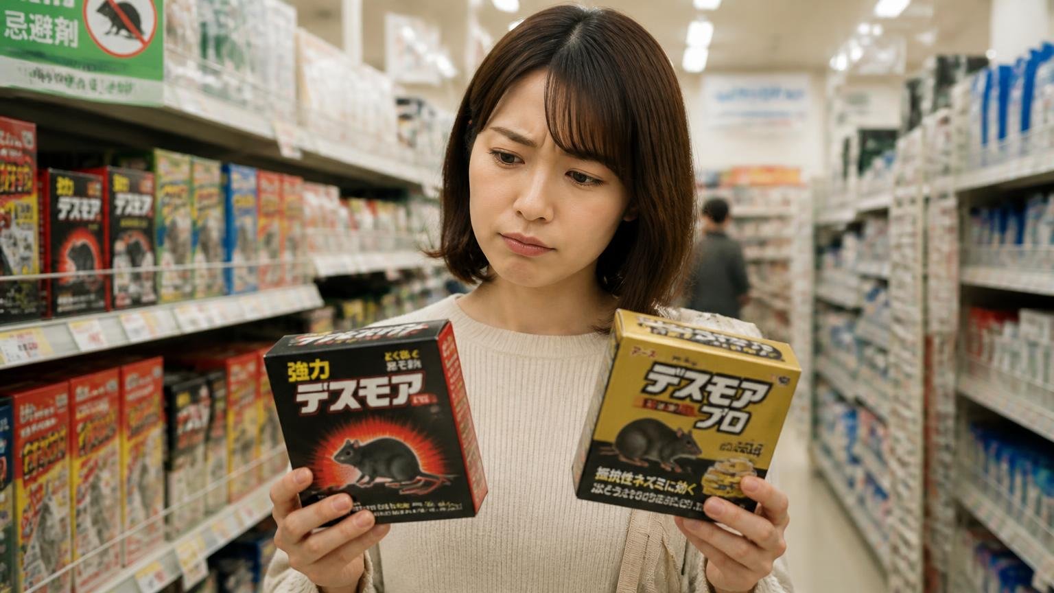 強力デスモアとデスモアプロの違い/ホームセンターの売り場で女性1人が2つの箱を見比べて迷う表情