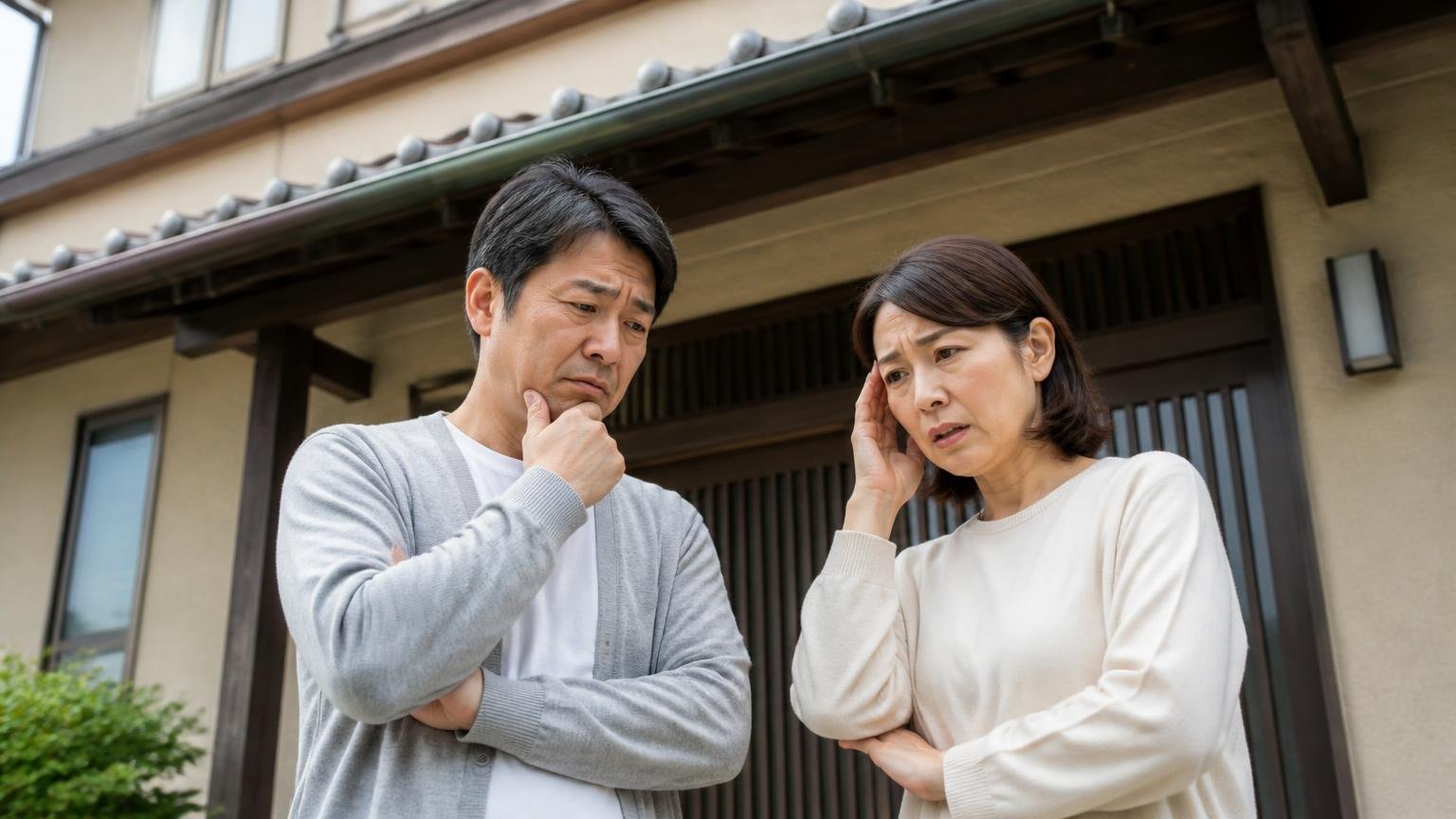向いていない人は打ち手が尽きた家や相手が違う家。家の軒下を見上げる玄関前で夫婦2人が困った表情で話している