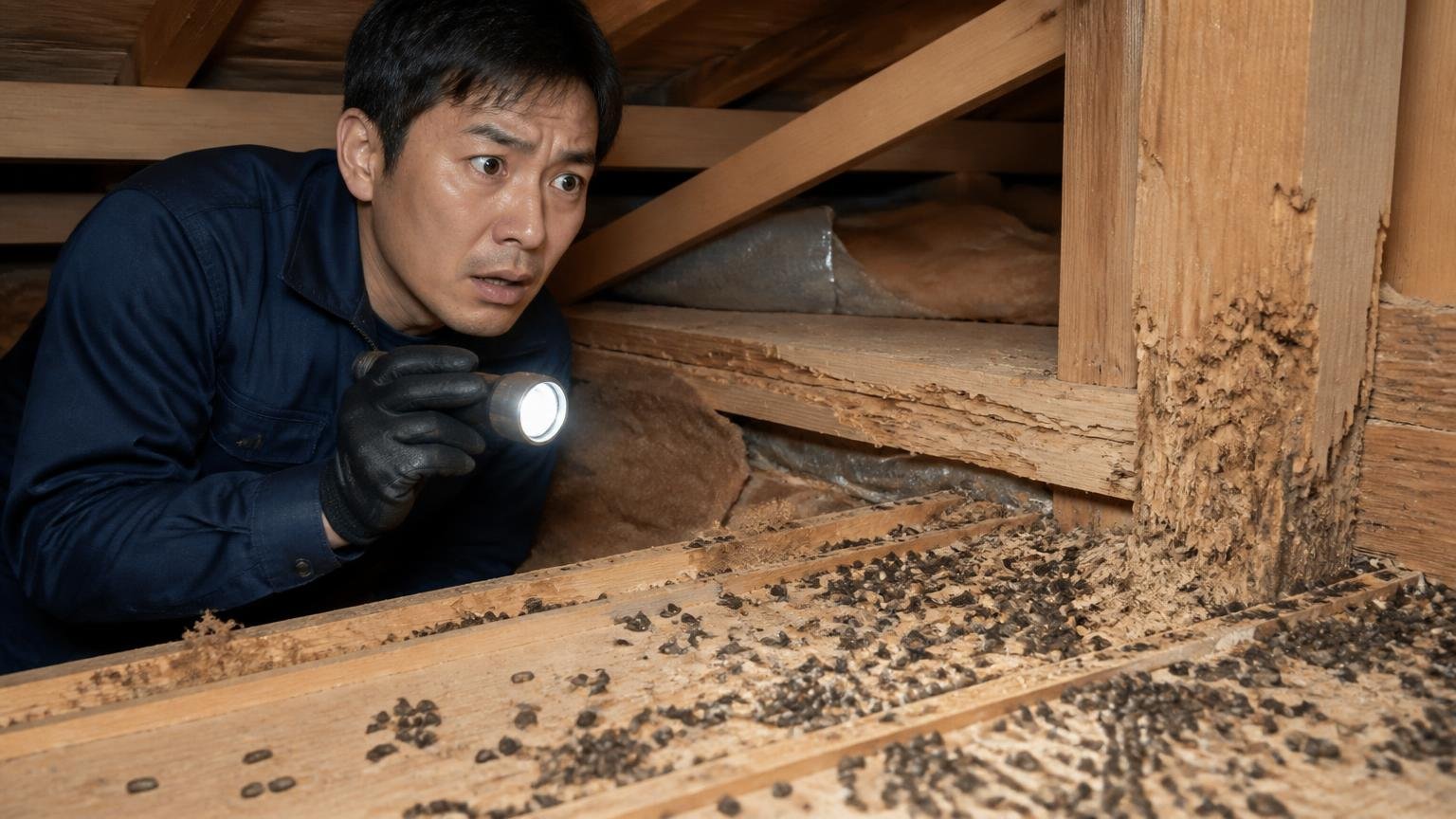 侵入口の封鎖まで踏み込むべき段階|木造戸建ての天井裏に大量のフンとかじり跡がある場面|40代男性1人|懐中電灯を持つ手が止まる