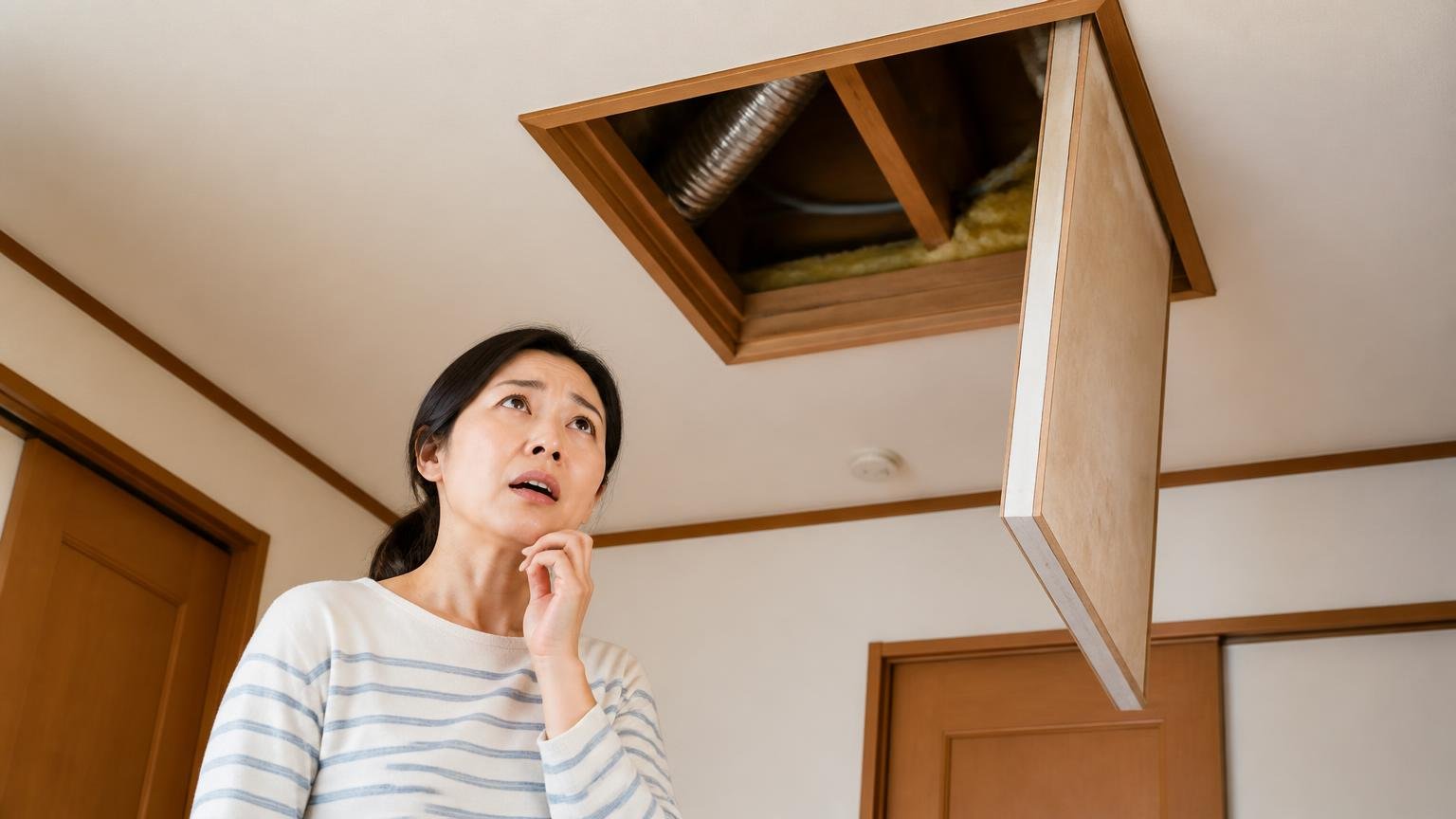 無理をしない方がいい5つの条件、木造戸建ての天井裏の点検口、見上げて立ちすくむ女性1人、不安な表情