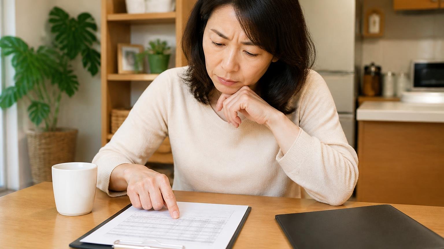 見積書は駆除の金額だけを見ない ダイニングで40代女性が見積書の項目を指でなぞる