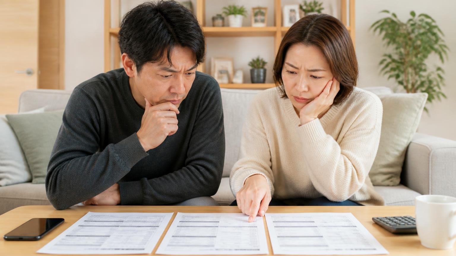 見積書で必ず確認したい4つの項目。リビングで複数の見積書を並べて比べる住人2人が真剣な表情