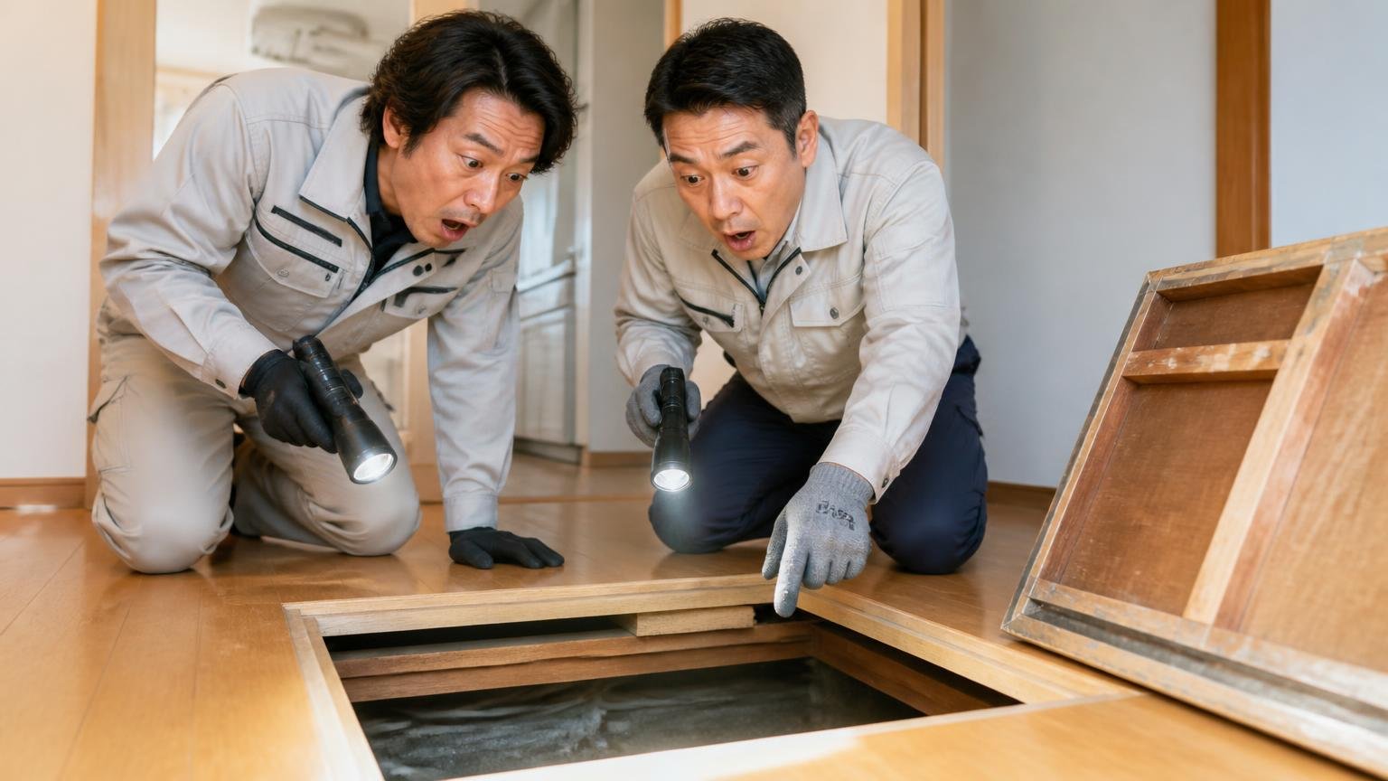 2社目の調査ではじめて侵入経路が分かった 木造戸建ての床下の点検口 調査員2人 懐中電灯で照らして発見の表情