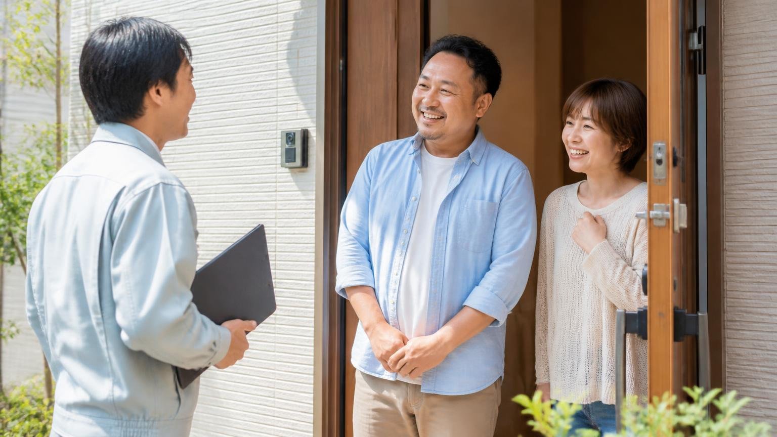 無料の現地調査から始める最初の一歩。朝の玄関前で家族2人が作業員1人を笑顔で迎える