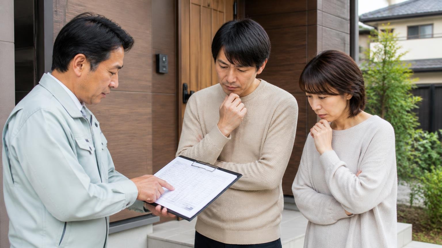 見積書で必ず確認する5項目|木造戸建ての玄関先で作業員から見積書を指さして説明を受け真剣に聞く住人2人