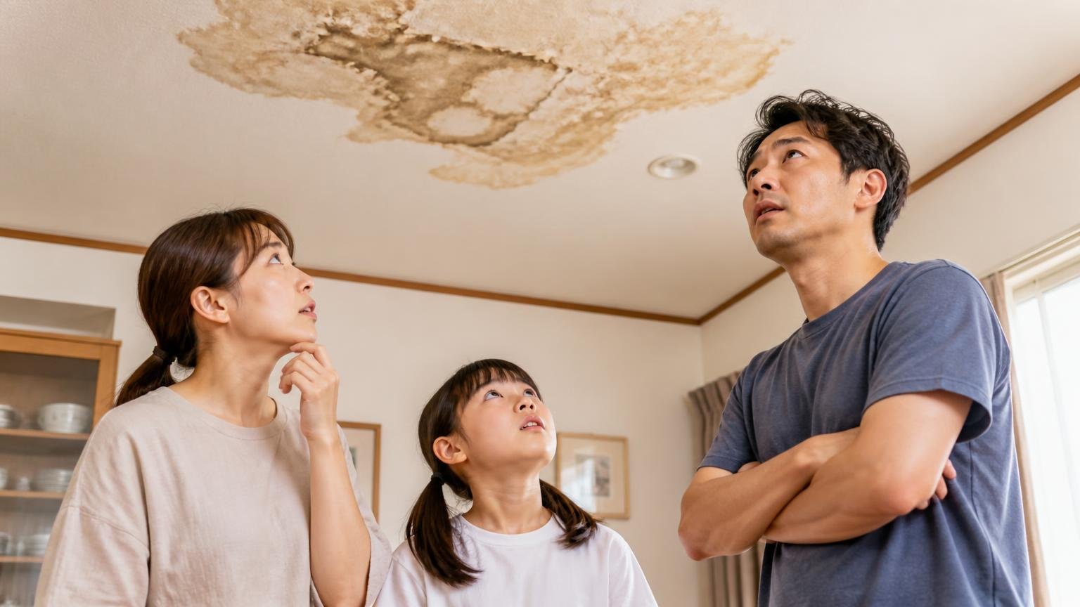 早めに見てもらったほうがいいケース|天井を見上げる家族3人が不安そうに顔を見合わせる