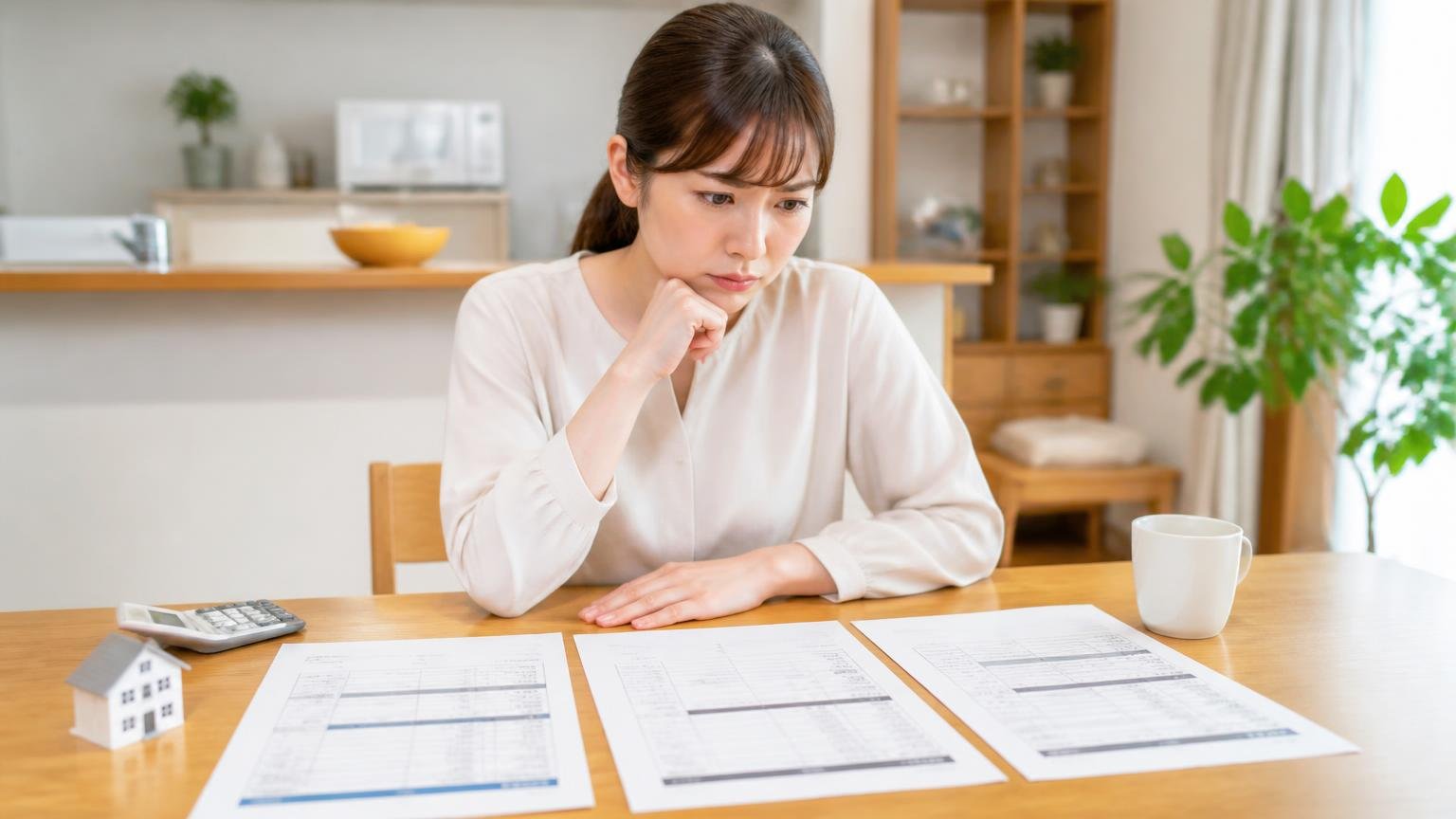 1社だけで決めてはいけない理由。ダイニングで30代女性が3枚の見積書を並べて見比べる
