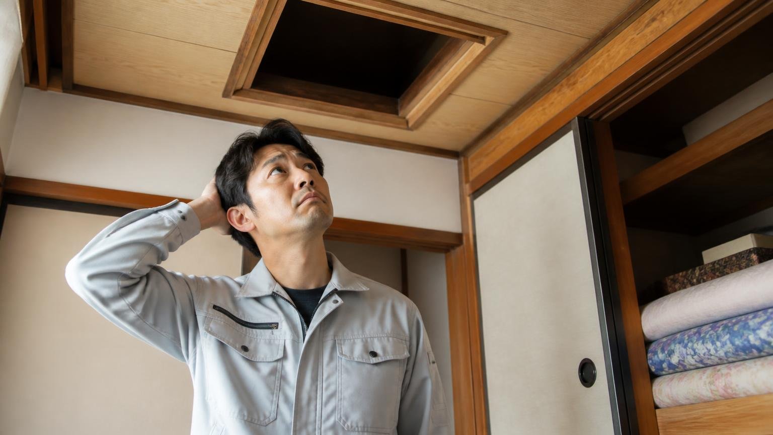 質問3:小屋裏や床下に安全に入れますか。古民家の押し入れの点検口を見上げる男性1人がためらう表情