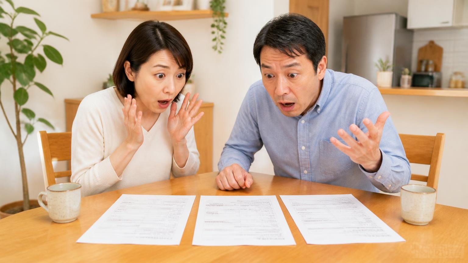同じ家なのに見積もりが20万と40万に分かれる理由 戸建てのダイニング 夫婦2人が3枚の見積書を並べて驚く