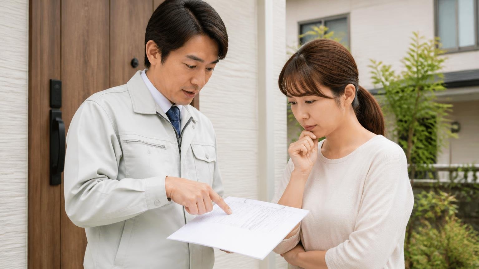 見積書で確認したい四つのポイント。住宅の玄関先で作業員から書面を指さして説明を受ける30代女性1人