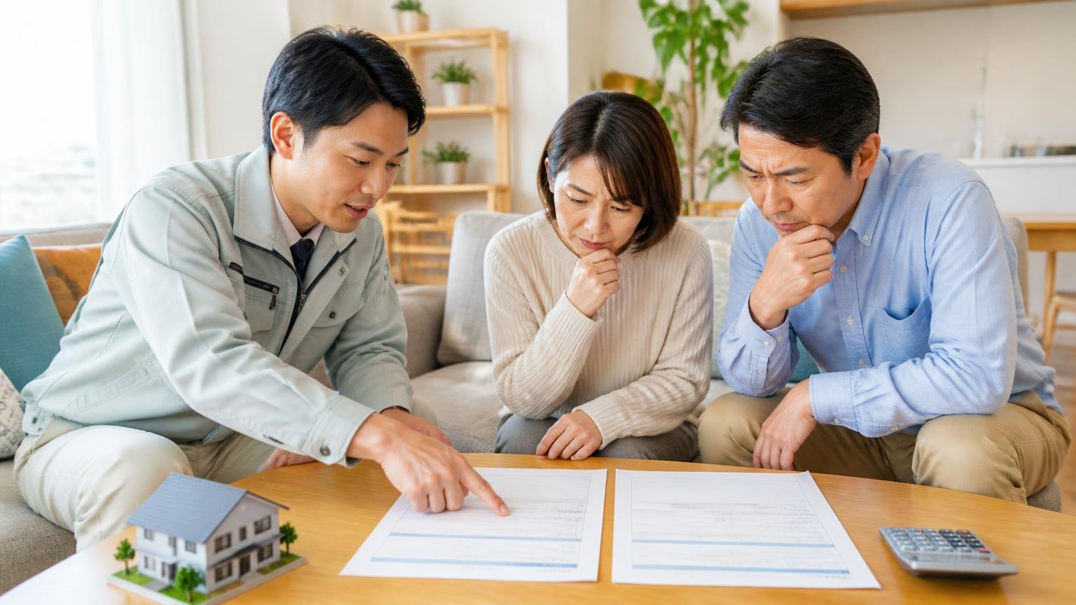 同じ資料が示す抜け道|住宅のリビングで作業員と40代夫婦が2社の見積書を並べて比べる