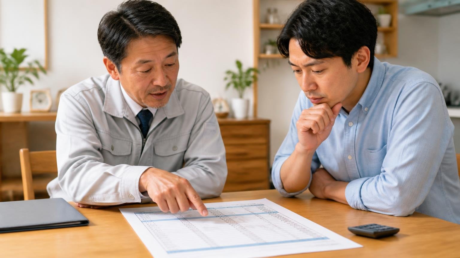 見積書の内訳が工程ごとに分かれているかを確認する|ダイニングテーブルで見積書を指さして説明する2人