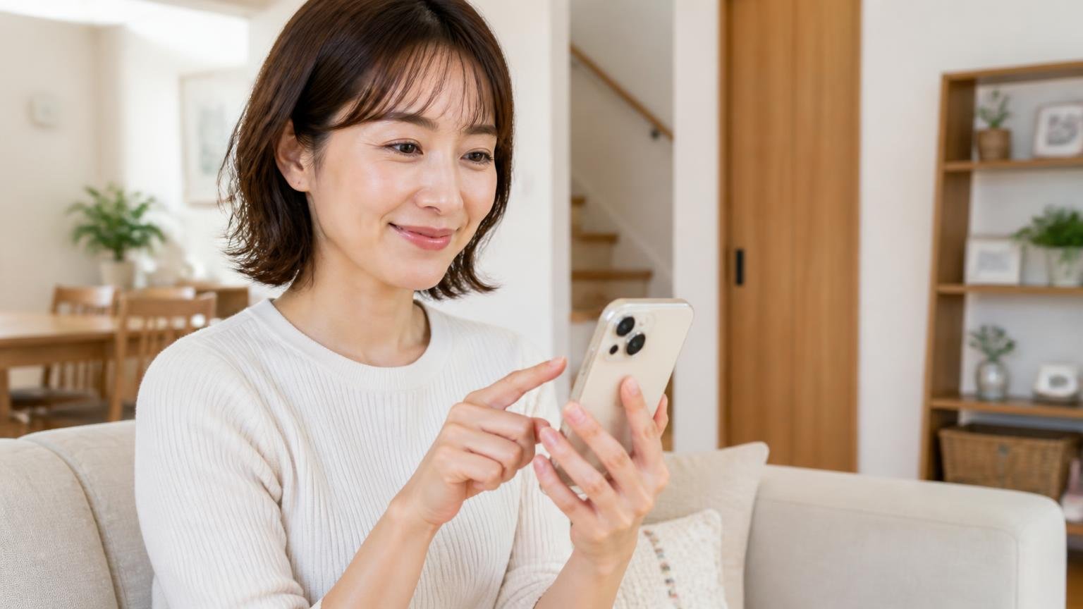 相見積もりの1社目に入れておきたい無料相談できる駆除業者 木造戸建てのリビングでスマホから無料見積もりを申し込む 30代女性1人 ほっとした表情で画面を操作する