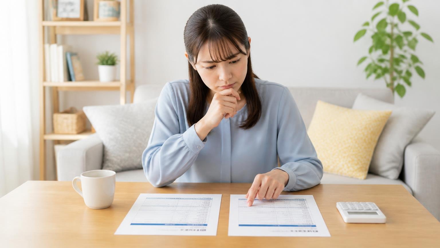 見積もりを取るとき必ず確認したい4つのこと リビングの机 女性1人 見積書2枚を並べて見比べる