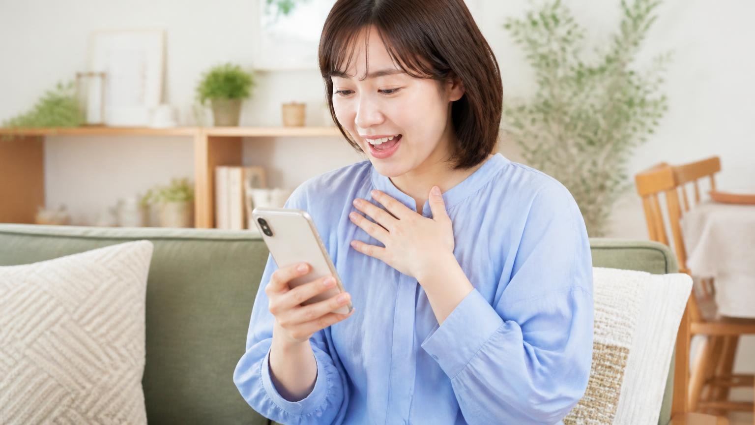 相見積もりのコストはほぼゼロ|リビングで女性1人がスマホで複数社に問い合わせて安堵の表情